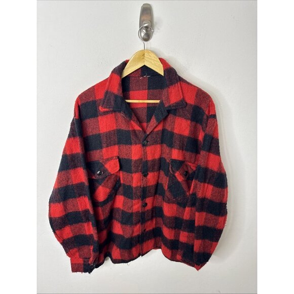 Vintage Buffalo Plaid Men L Wool Shacket 60s Red Black Jacket Lumberjac Dmg - Picture 1 of 5